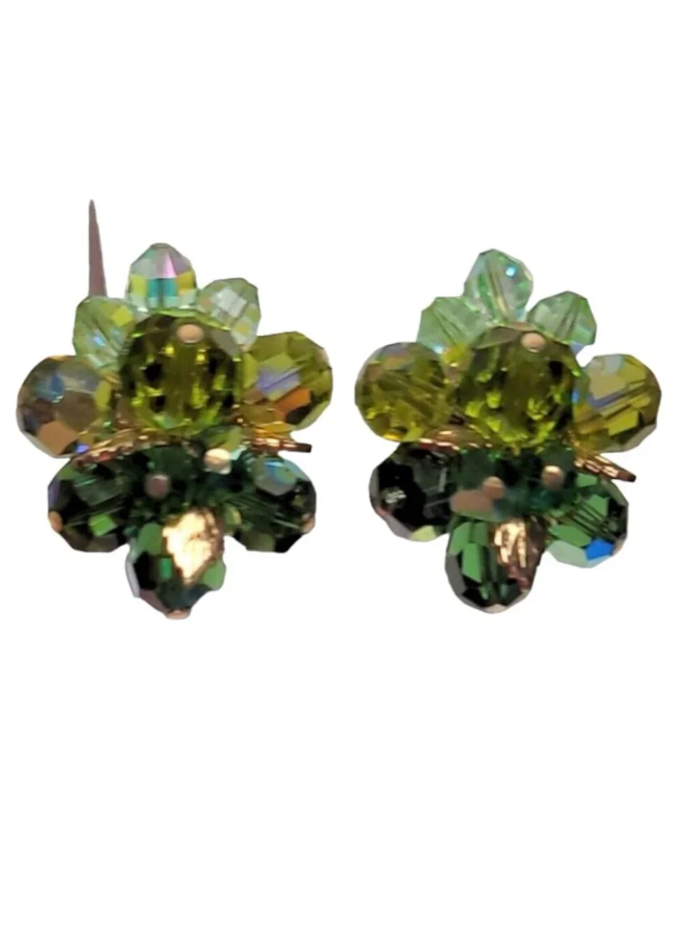 Vendome Gold Tone Green Beaded Faceted Glass Clip On Earrings, Signed
